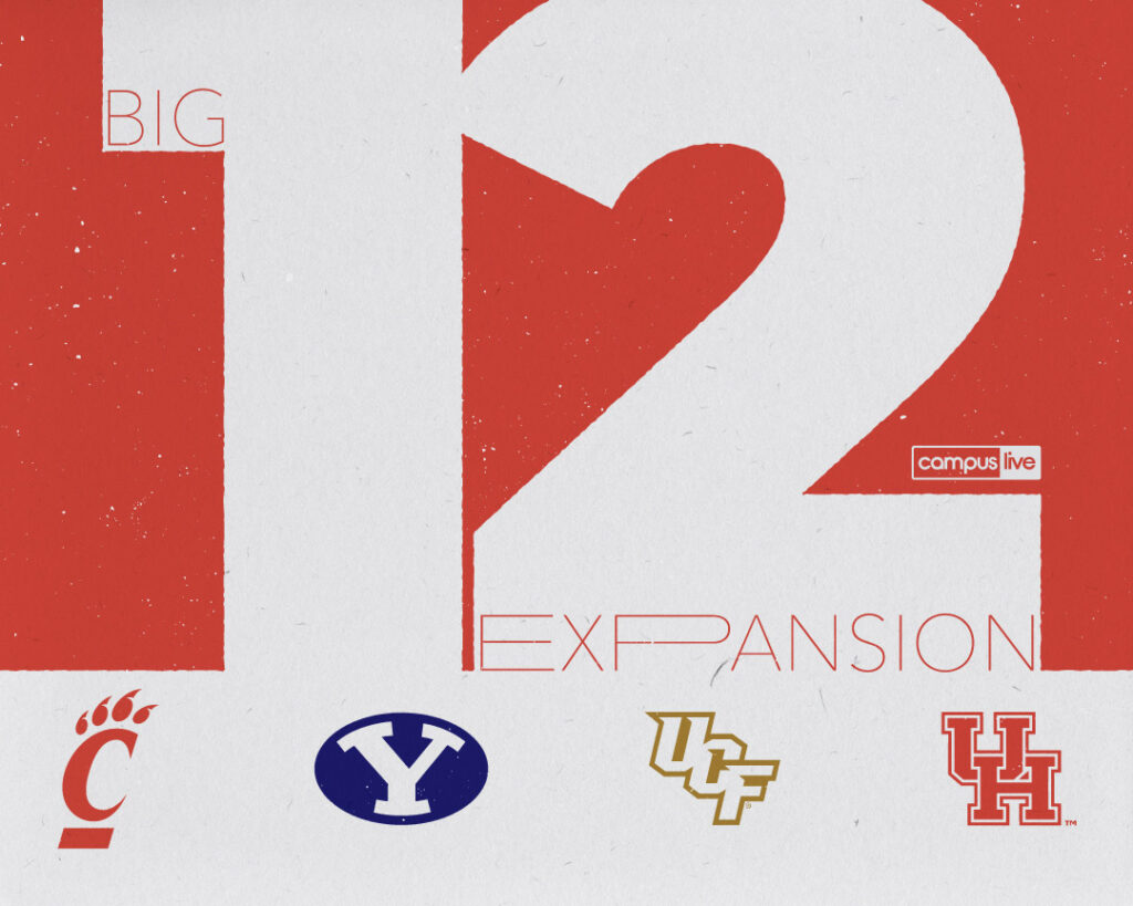 typographic graphic saying big 12 expansion with 4 school logs at the bottom
