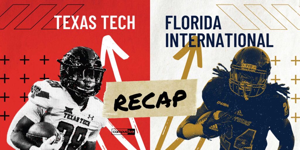 graphic of a Texas Tech player and fit player going head to head after TTU tolls over FIU