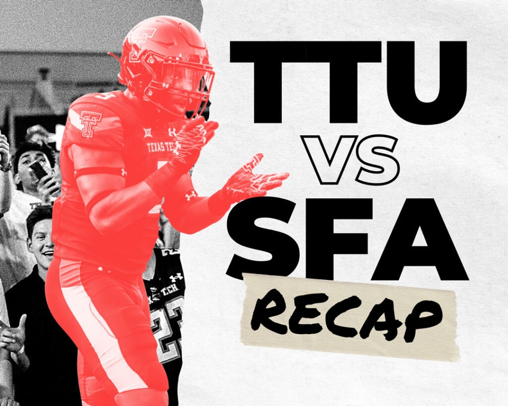 Graphic of Texas Tech football player clapping after a big play with ttu vs sfa recap text