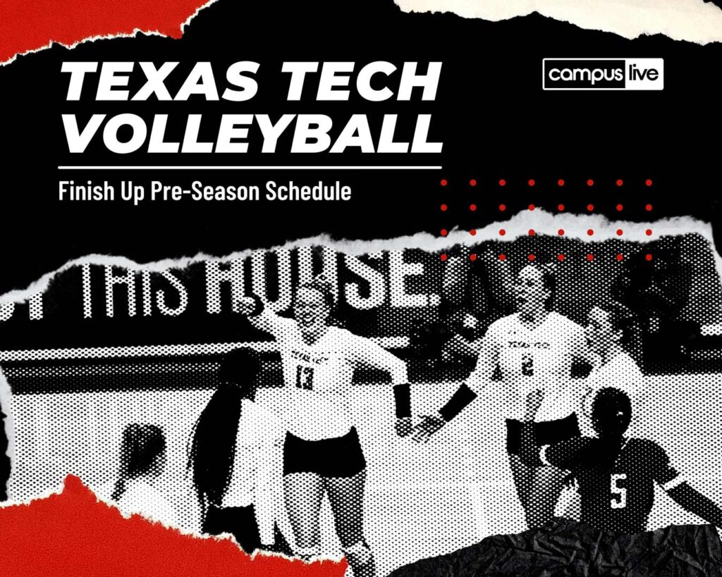 graphic of ttu volleyball players with text that reads texas tech volleyball finish up pre-season schedule 