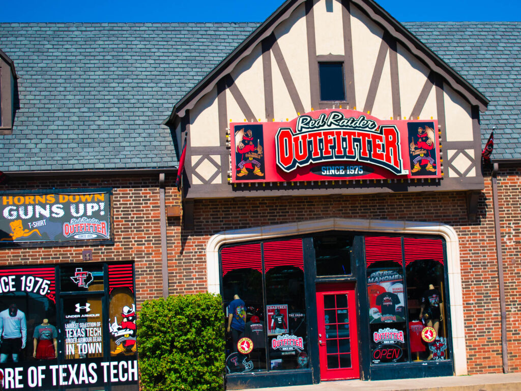 Lubbock Boutiques for Game Day photo of red raider outfitter storefront on broadway