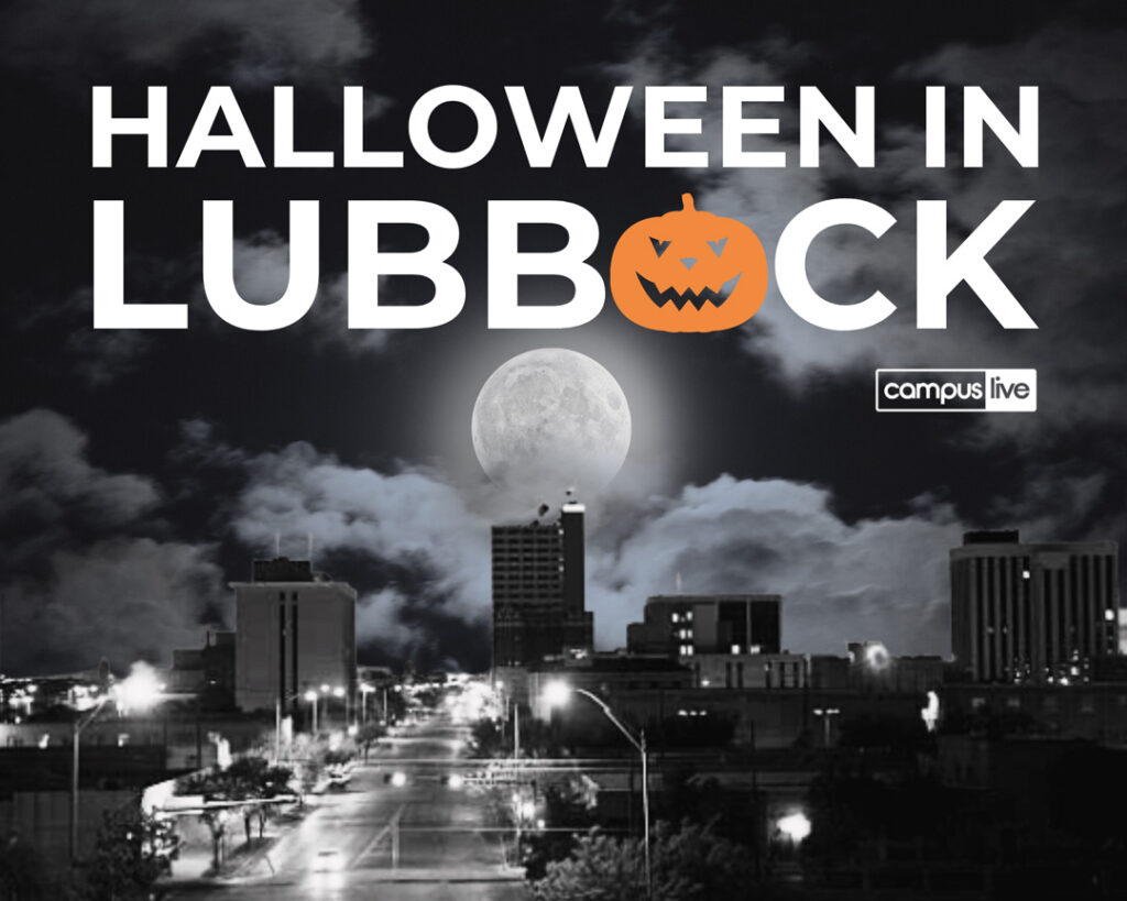 a graphic of the Lubbock skyline with a full moon over and the title read "Halloween In Lubbock"