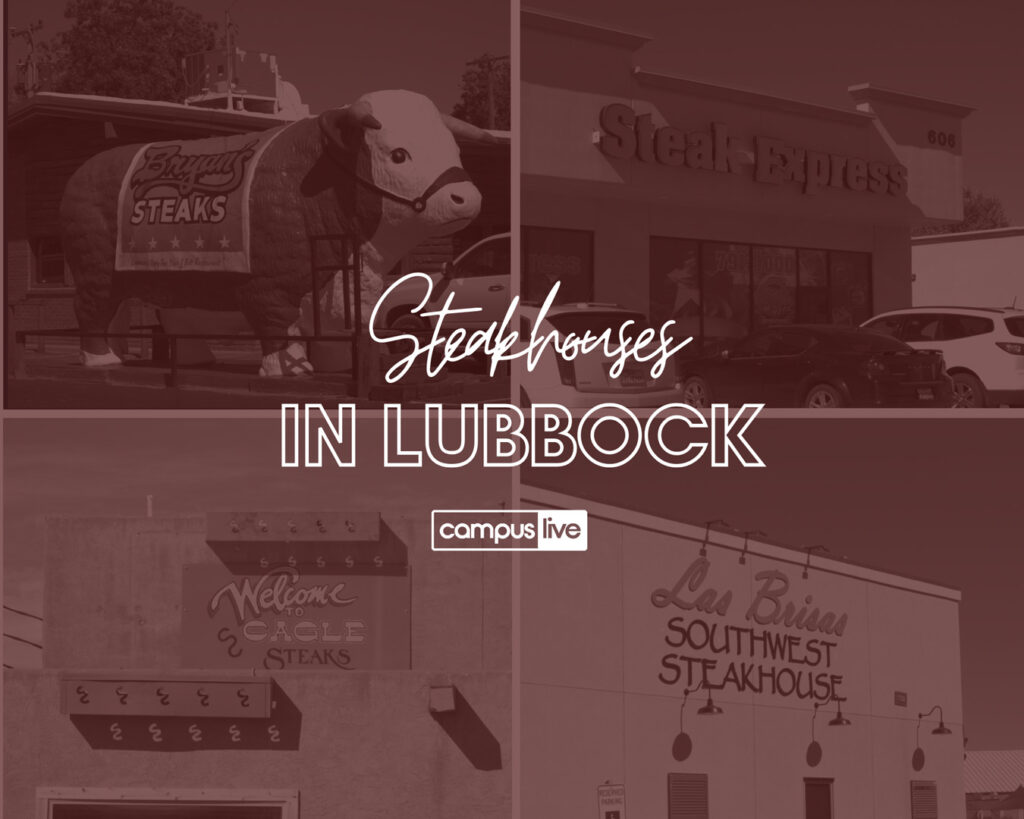 Graphic of four Lubbock steakhouses with text "steak houses in lubbock"