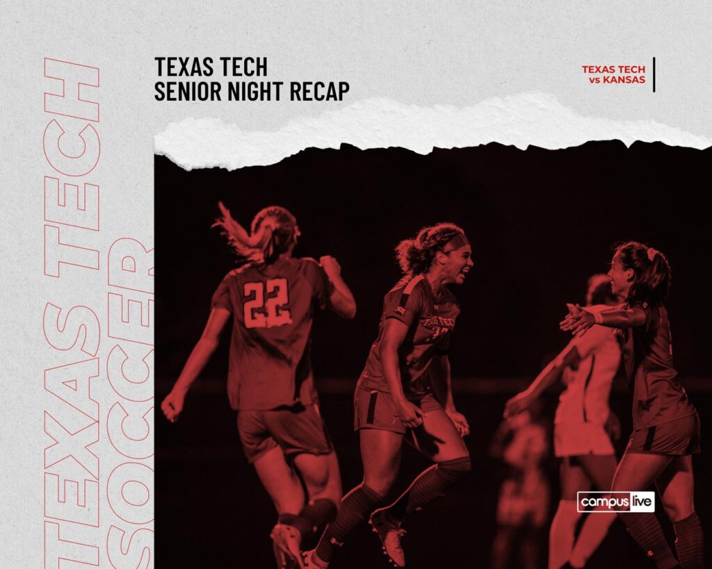 ttu soccer players celebrating after a win with text texas tech senior night recap vs kansas