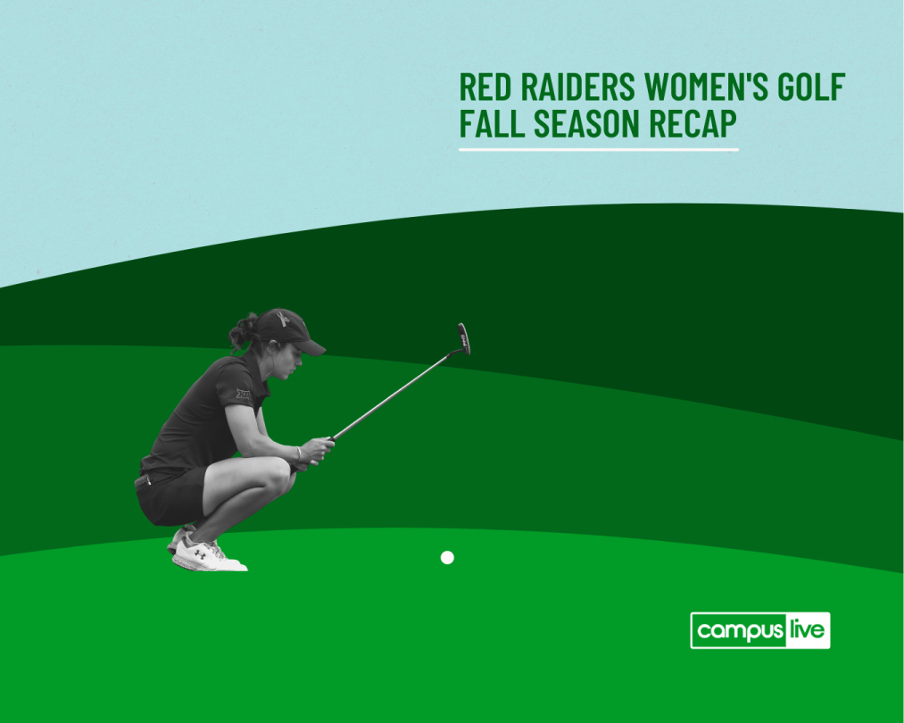 graphic of green rolling hills and blue background with a red raiders womens golf player and text fall season recap