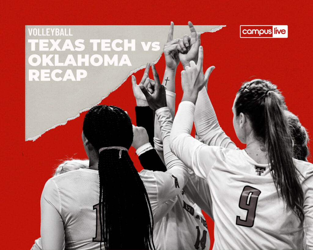 Graphic of the TTU Volleyball team in a huddle with text volleyball texas tech vs Oklahoma recap