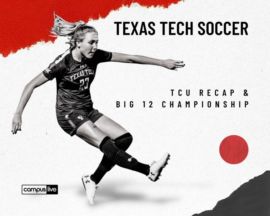 graphic of a ttu soccer player kicking the ball with text texas tech soccer tcu recap and big 12 championship