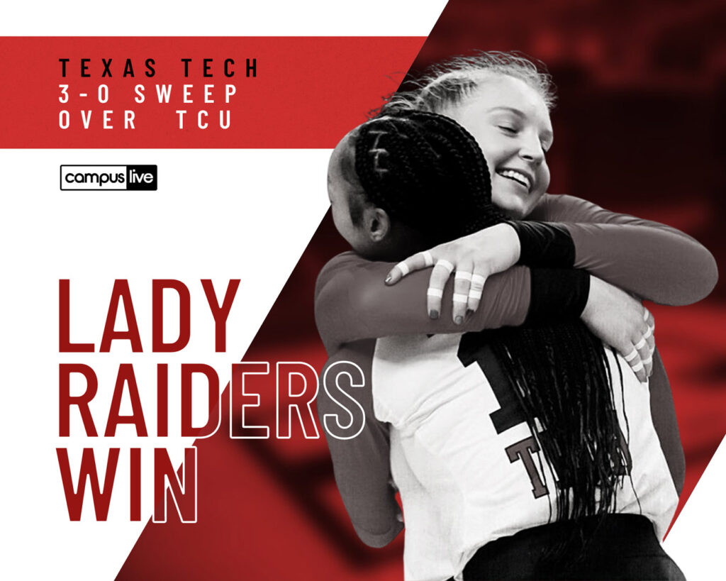 Graphic of two ttu volleyball players running after a win with text texas tech sweep over tcu